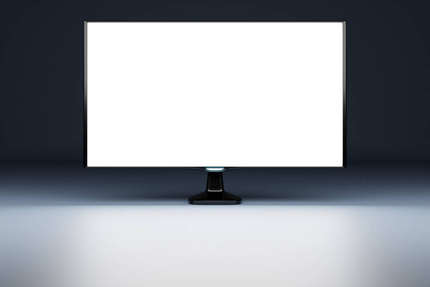 3D illusztráció gúnyolódik egy monitor fehér képernyő fekete szobában. Tervezés, illusztráció web banner, web és mobil, infographic. Alkalmazáskiszerelés - Fotó, kép