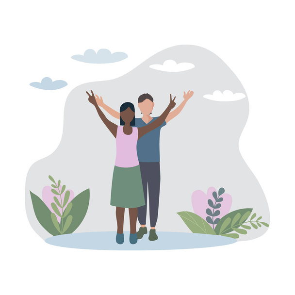 A pair of lovers with their hands up in the street, a symbol of victory and peace. Interracial relations and tolerance. Family Day. flat vector illustration. - Vector, Image