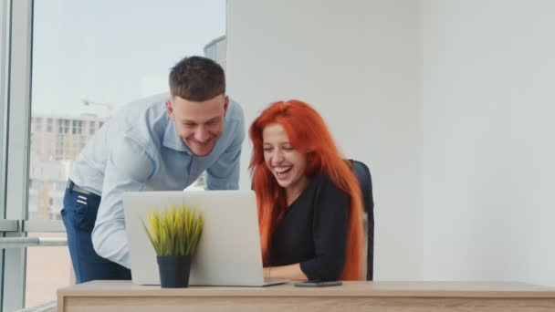 Ondernemers bespreken projecten op laptop in kantoor. Meisje met rood haar en blanke nationaliteit. Gelukkig kantoorpersoneel aan het werk. - Video