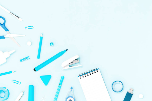 Assorted office and school white and blue stationery - Φωτογραφία, εικόνα