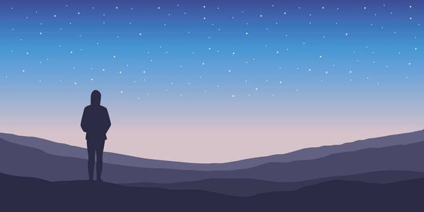 μοναχική σιλουέτα κορίτσι τη νύχτα σε έναστρο ουρανό φόντο - Διάνυσμα, εικόνα