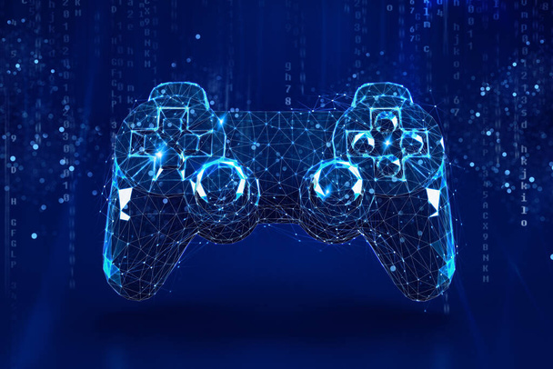 Concepto Wireframe de un joypad de videojuegos sobre fondo azul oscuro. Renderizado 3D - Foto, imagen