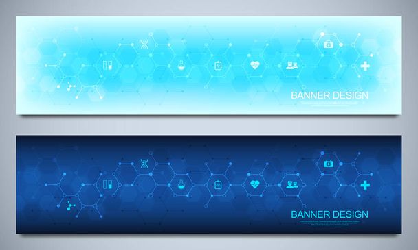 Banners design template for healthcare and medical decoration with flat icons and symbols. Science, medicine and innovation technology concept. - Vektor, obrázek