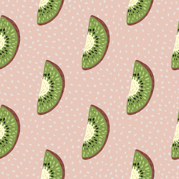 Nahtloses Vitamin-Cartoon-Muster mit handgezeichneten Kiwi-Scheiben. Rosa gepunkteter Hintergrund. Entwickelt für Stoffdesign, Textildruck, Verpackung, Einband. Vektorillustration. - Vektor, Bild