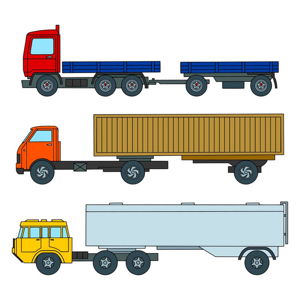 Set di camion con rimorchi. Stile cartone animato. Illustrazione vettoriale a colori - Vettoriali, immagini