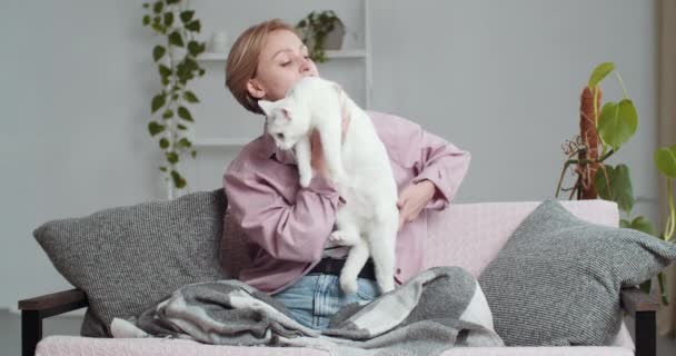 Kochająca kaukaska blondynka siedzi na kanapie w przytulnym salonie na wygodnych meblach nowoczesnej sofie, pokryte ciepłym kocem frotte, uderzenia przytula kot zwierzak cute, koncepcja spokoju i harmonii - Materiał filmowy, wideo
