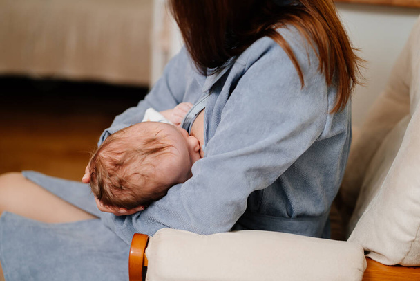Mother breastfeeds a newborn at home on the couch. the benefits of breastfeeding - Zdjęcie, obraz