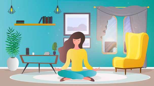 The girl is meditating in the room. Girl doing yoga. Vector illustration. - Vector, Image