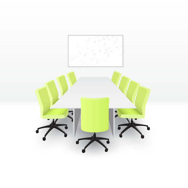 Meeting room in an office with big table, monitor or presentation board and with green color chairs. Office, working, study concept. - Vector, Image