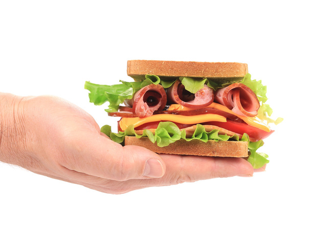 Big fresh sandwich in hands. - Zdjęcie, obraz