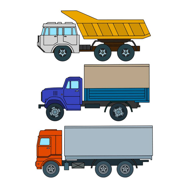Set of colored trucks side view. Cartoon style. - Vector, imagen