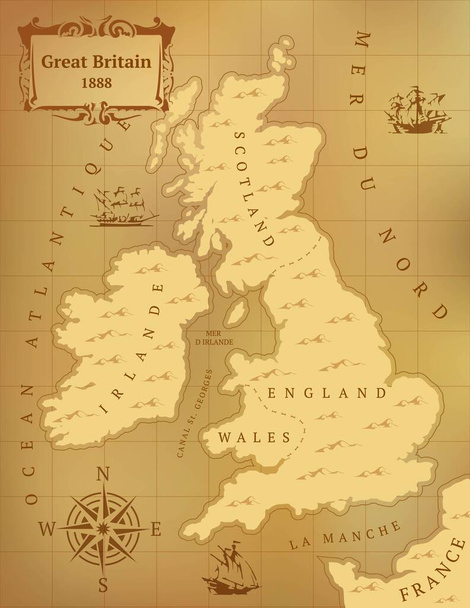 Παλιός χάρτης της Μεγάλης Βρετανίας. Κλασσικό στυλ. Σέπια. - Διάνυσμα, εικόνα