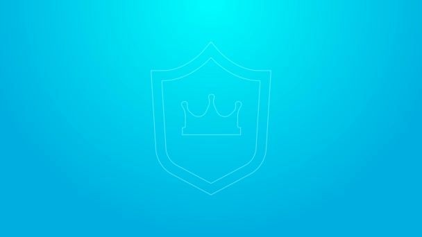 Růžová čára Štít s ikonou koruny izolované na modrém pozadí. Grafická animace pohybu videa 4K - Záběry, video