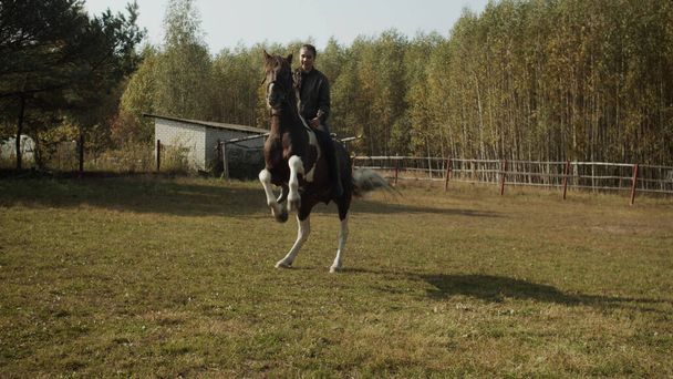 Un jeune élève d'une école d'équitation s'entraîne dans un enclos en plein air, monté sur un cheval tacheté. - Photo, image