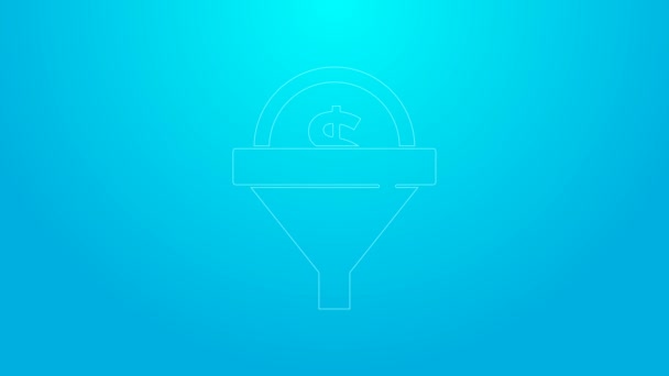 Růžová čára Vedení ikona izolované na modrém pozadí. Nálevka s penězi. Cílový obchodní koncept klienta. Grafická animace pohybu videa 4K - Záběry, video