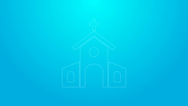 Rózsaszín vonal Egyház épület ikon elszigetelt kék háttérrel. Keresztény egyház. Az egyház vallása. 4K Videó mozgás grafikus animáció - Felvétel, videó