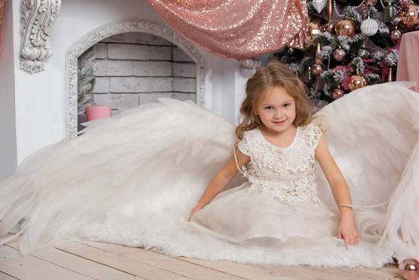 Christmas shooting of a cute little girl in the studio with wings - Foto, imagen
