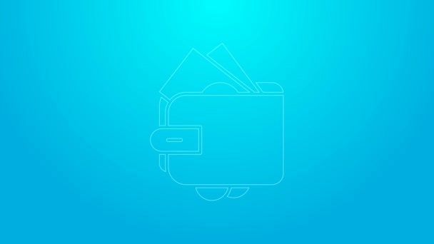 Rosa Linie Brieftasche mit Stapeln Papiergeld Bargeld Symbol isoliert auf blauem Hintergrund. Portemonnaie. Bargeldsparsymbol. 4K Video Motion Grafik Animation - Filmmaterial, Video