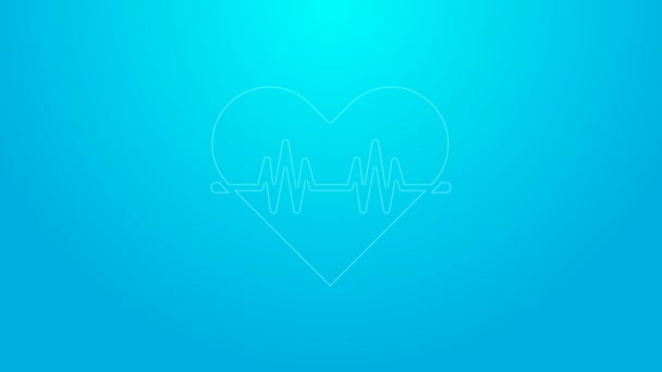 Růžová čára Ikona srdeční frekvence izolované na modrém pozadí. Znamení tlukot srdce. Ikona pulsu srdce. Ikona kardiogramu. Grafická animace pohybu videa 4K - Záběry, video