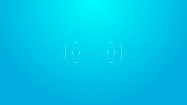 Розовая линия Штанга иконка изолирована на синем фоне. Икона поднятия мышц, фитнес-штанга, тренажерный зал, спортивный инвентарь, гимнастика. Видеографическая анимация 4K - Кадры, видео
