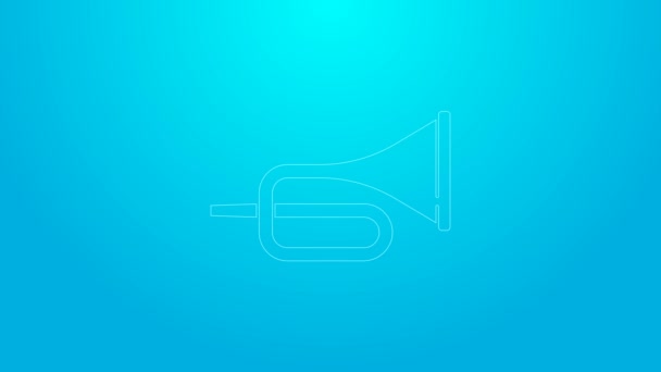 Ligne rose Icône trompette instrument de musique isolé sur fond bleu. Animation graphique de mouvement vidéo 4K - Séquence, vidéo