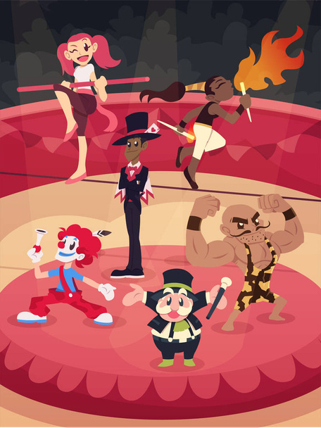 Personnages de cirque de bande dessinée posant sur la scène - Vecteur, image