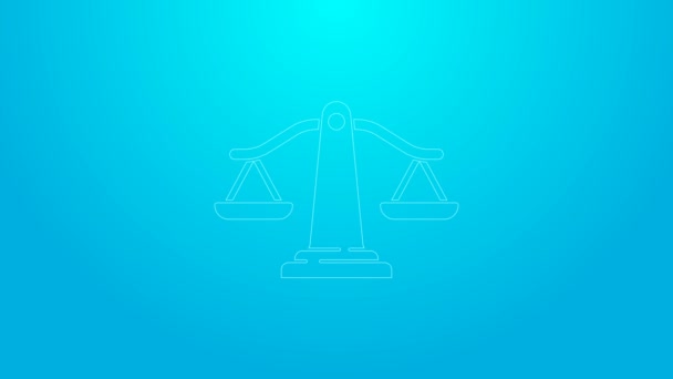 Mavi arka planda izole edilmiş pembe ölçekli adalet simgesi. Hukuk mahkemesi sembolü. Denge tabelaları. 4K Video hareketli grafik canlandırması - Video, Çekim