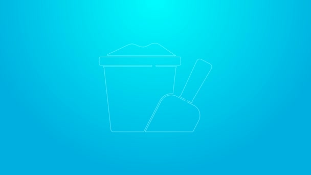 Růžová čára Písek v kbelíku s ikonou lopaty izolované na modrém pozadí. Plastová dětská hračka. Ikona léta. Grafická animace pohybu videa 4K - Záběry, video