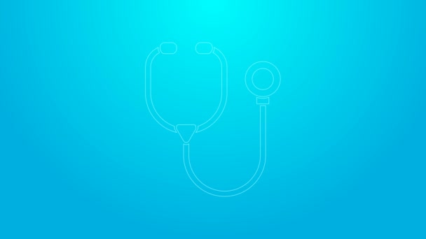 Roze lijn Stethoscoop medisch instrument icoon geïsoleerd op blauwe achtergrond. 4K Video motion grafische animatie - Video