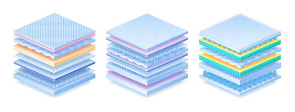 Layered material. Realistic orthopedic mattress, baby diaper or sanitary pad. 3D advertising models. Antibacterial disposable textiles. Soft filler, synthetic fiber, vector sample set - Vector, Image