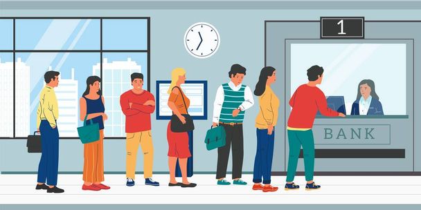 Bank queue. People standing in row to bank worker, clients verifying payments. Vector cartoon characters waiting in line - Διάνυσμα, εικόνα