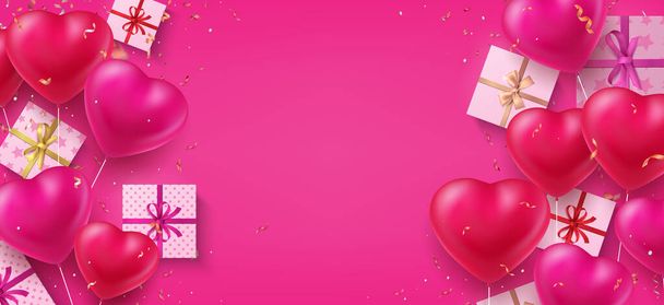 Feiertags-Hintergrund. Realistische herzförmige Luftballons und Geschenke zum Geburtstag. Konfetti, verpackte Geschenke und Schleifen. Grußkartenvorlage und Kopierraum. Vektor-rosa Banner - Vektor, Bild
