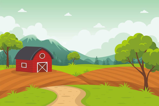 Rotes Scheunenhaus mit schöner Landschaft Vector Illustration mit Gras und Bäumen, einfach und niedlich mit flachem Design - Vektor, Bild