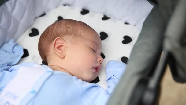 Édes kisfiú alszik babakocsiban a szabadban - Felvétel, videó