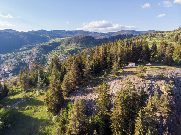 Aerial view during sunset of St. Peter and Paul chapel near Momchilovtsi village in Bulgaria - Fotó, kép