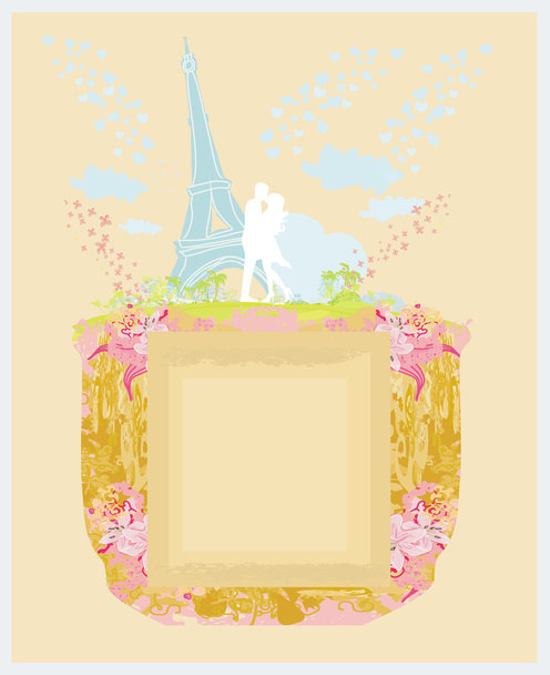Romantik Çift siluet Paris'te Eyfel Kulesi'ne öpüşme - Vektör, Görsel