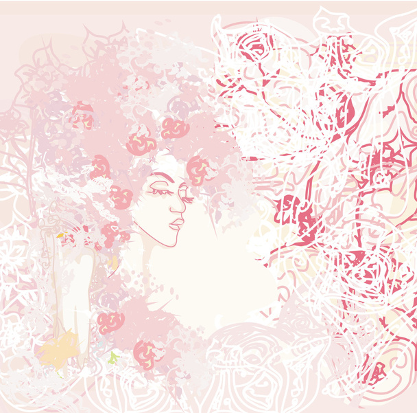 Abstract Beautiful Woman doodle Portrait- floral background  - Vecteur, image