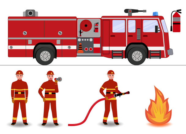 Σύνολο πυροσβεστών με πυροσβεστικό όχημα σε επίπεδη διανυσματική απεικόνιση στυλ - Διάνυσμα, εικόνα