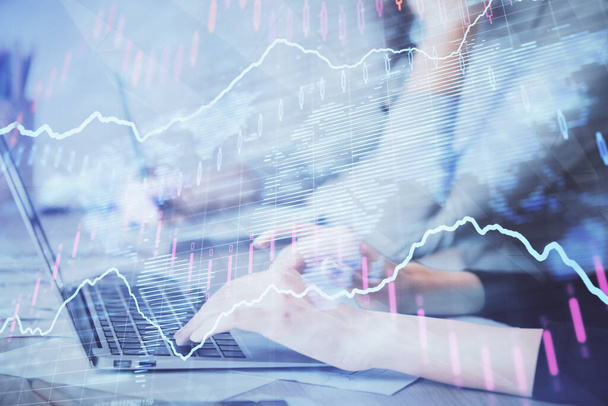 Multi exposure of woman hands typing on computer and financial chart hologram drawing. Stock market analysis concept. - Foto, imagen