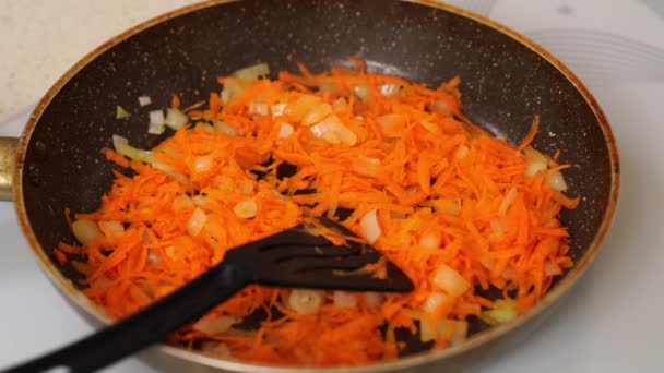 in una padella con olio vegetale friggere cipolle e carote. Salsa bolognese - Filmati, video
