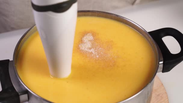 Na panela chicote os ingredientes para sopa de abóbora - Filmagem, Vídeo