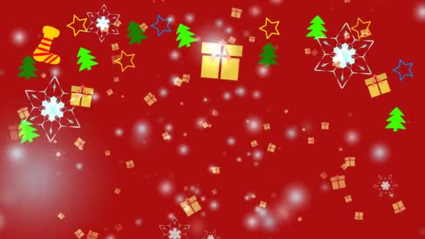 Χρυσό κουτί δώρου και λουλούδι νιφάδα χιονιού και έξι αστέρων έξι κλαδί αγκάθι πτέρυγα που υπάγονται στην κόκκινη οθόνη, πάγο σκόνη στοιχείο σωματίδια για τα Χριστούγεννα φεστιβάλ κόκκινο φόντο - Πλάνα, βίντεο