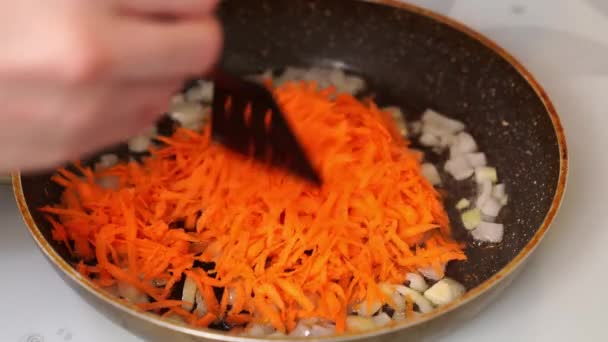 in una padella con olio vegetale friggere cipolle e carote. Salsa bolognese - Filmati, video