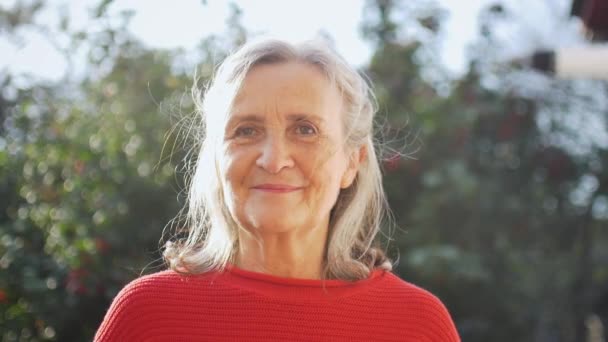 Κοντινό πλάνο πρόσωπο της ηλικιωμένης γυναίκας με γκρίζα μαλλιά κοιτάζοντας κάμερα, ενώ περνούν το χρόνο τους σε εξωτερικούς χώρους κατά τη διάρκεια ηλιόλουστη μέρα - Πλάνα, βίντεο
