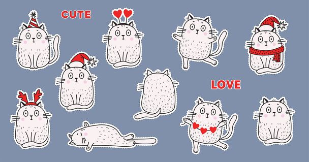 A set of stickers white cats in festive clothes, in a Santa hat, a hat with horns, a birthday hat, with a garland of hearts, different - sit and lie, resentment. Vector illustration for design - Vector, Image