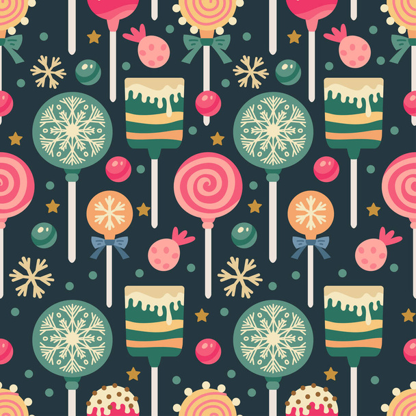 Christmas sweets pattern with candies and lollipop - Vector, Image