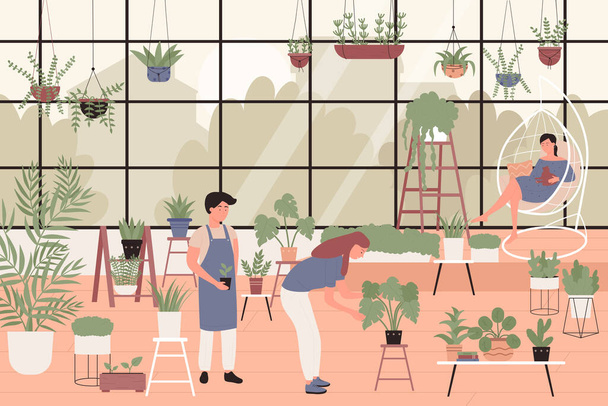 Az emberek zöld növényeket ültetnek az üvegházi kertben - Vektor, kép