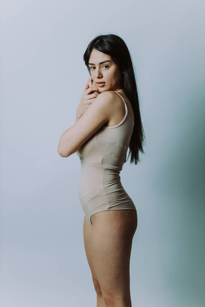 Beautiful woman posing in underwear - Pretty girl portrait, concepts about multicultural people, inclusive society and body positivity - Фото, зображення