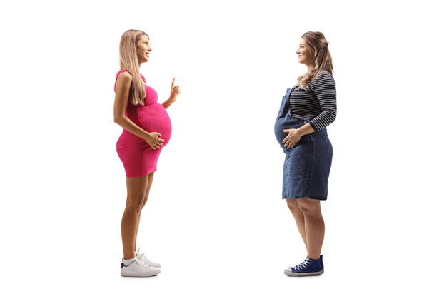 Full length profile shot of a two pregnant women having a conversation isolated on white background - Foto, Bild