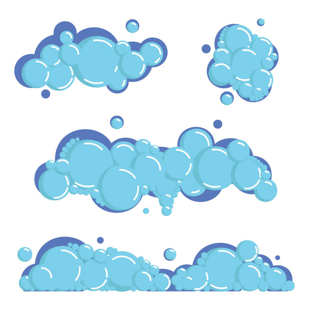 Kreslená mýdlová pěna s bublinkami. Světle modré kuličky koupele, šampon, holení, pěna. Vektorová ilustrace - Vektor, obrázek